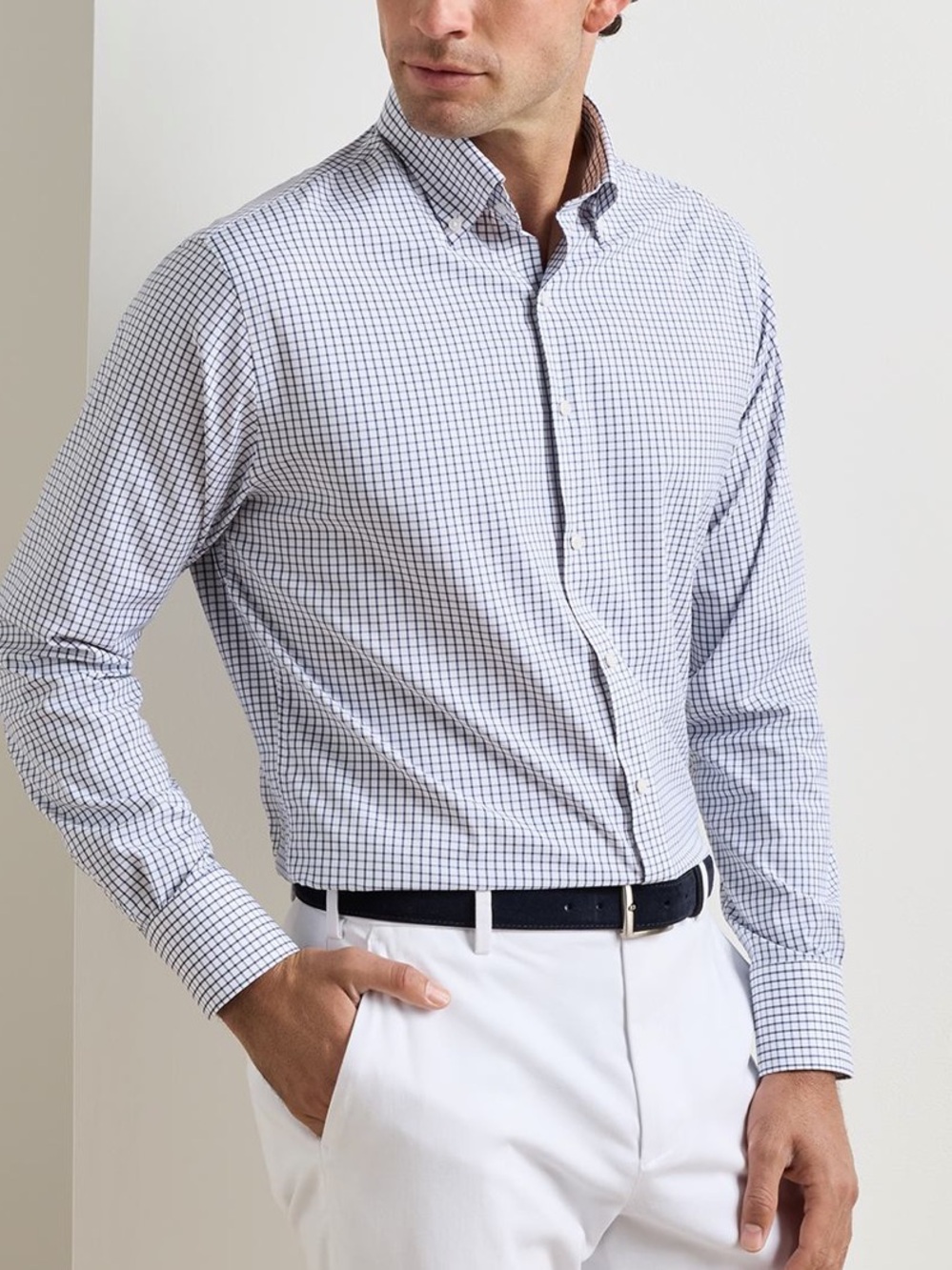 Peter Millar || Hanford Performance Twill Sport Button Down Shirt Check Navy L